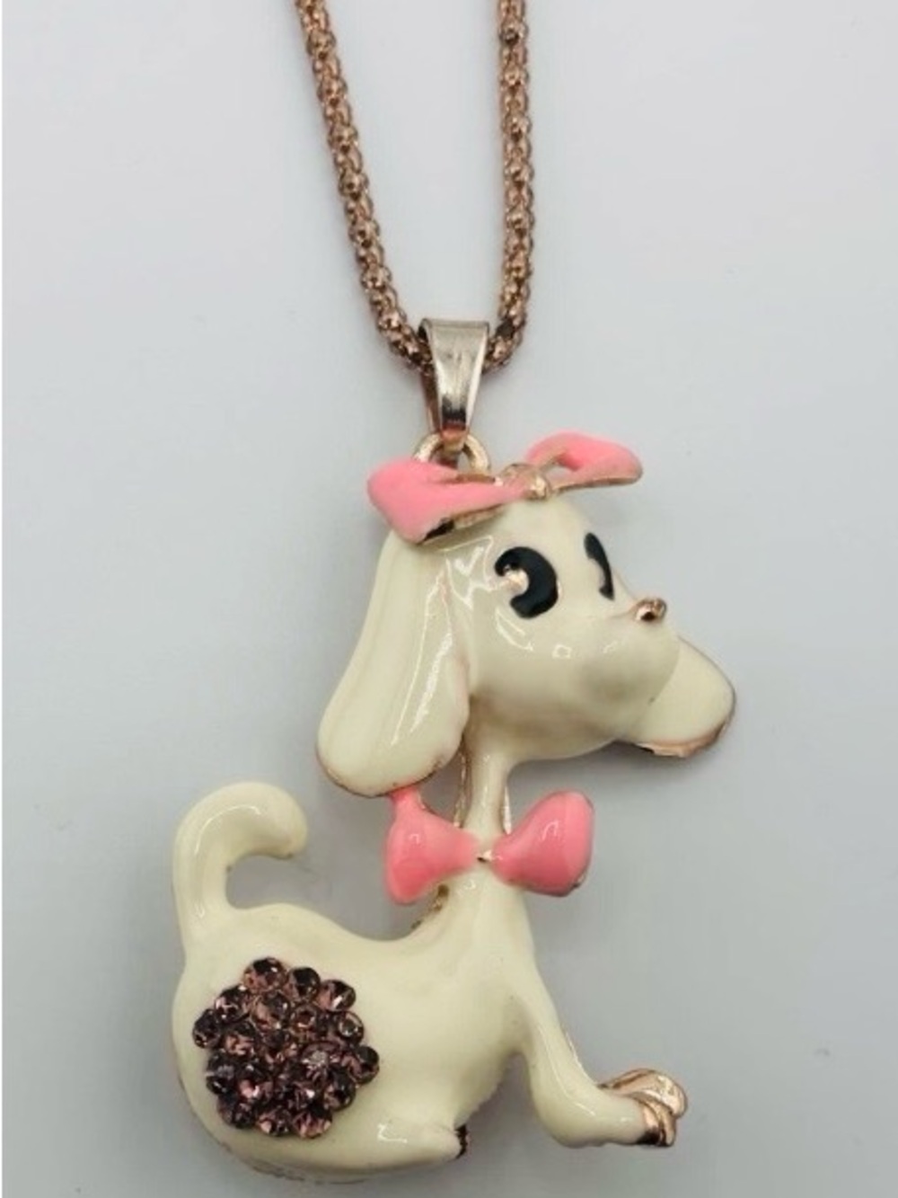Betsey Johnson White Enamel Puppy Pendant Necklace with Pink Accents